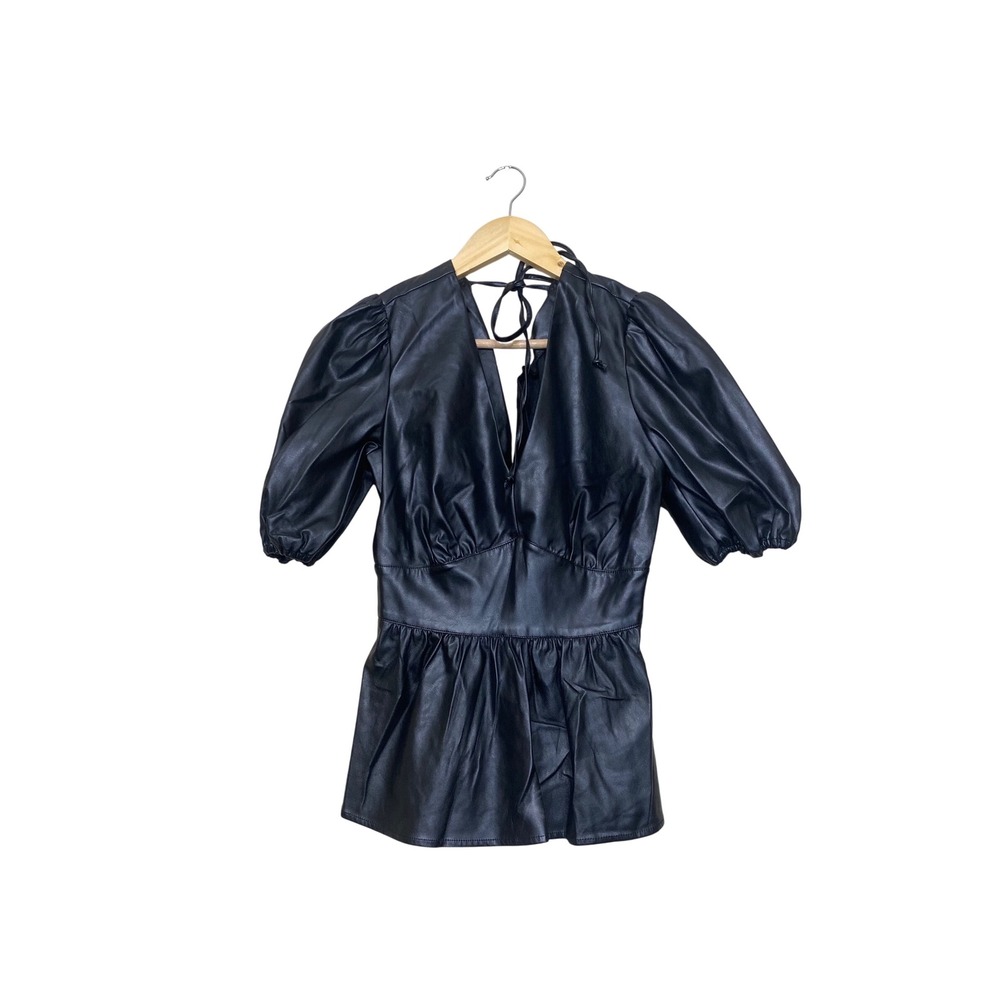 New York & Company Womens Black Faux Leather Puff Sleeve Peplum‎ Top XS Tie Back